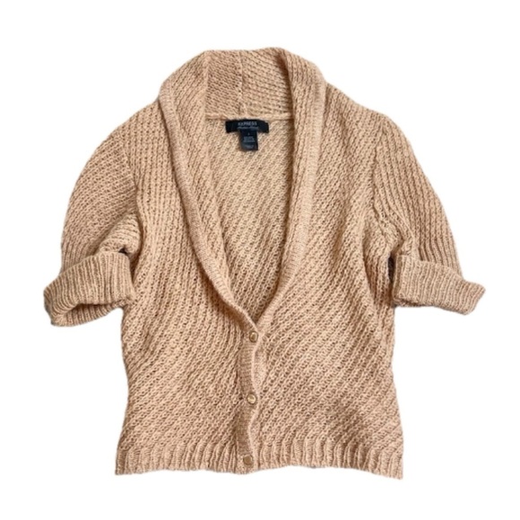 Express Mohair Wool Tan Short Sleeve Cropped Cowl Neck Knit Cardigan Sweater S - Picture 1 of 10